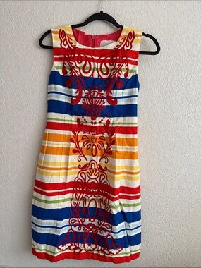 Tabitha Multicolor Striped Dress with Red Embroidery